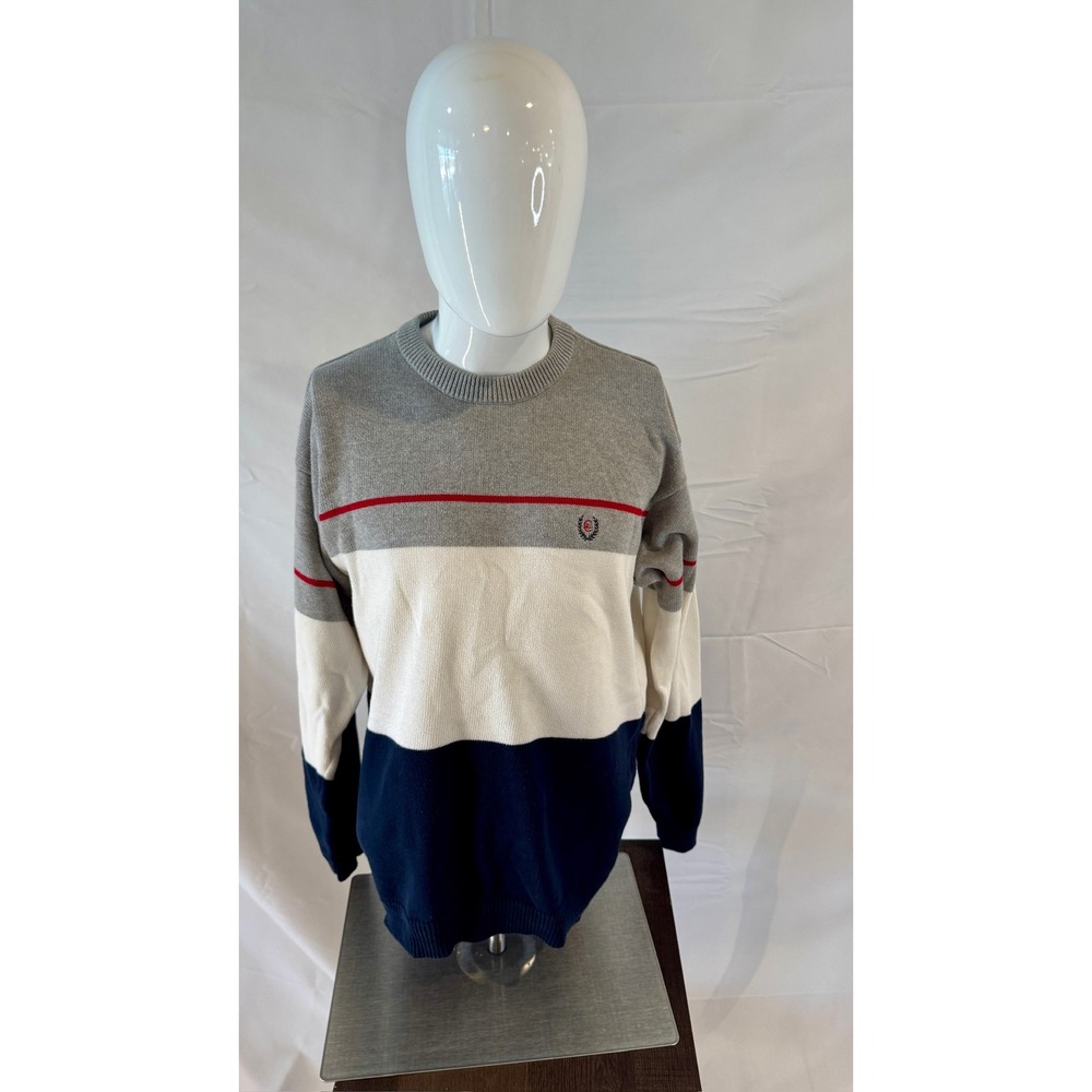 Chaps Ralph Lauren Striped Cotton Sweater Crew Neck Pullover‎ Gray Red Mens M